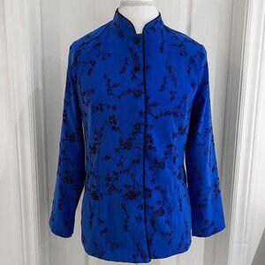 Notations Blue Floral Mandarin Collar Embroidered Jacket Petite Medium